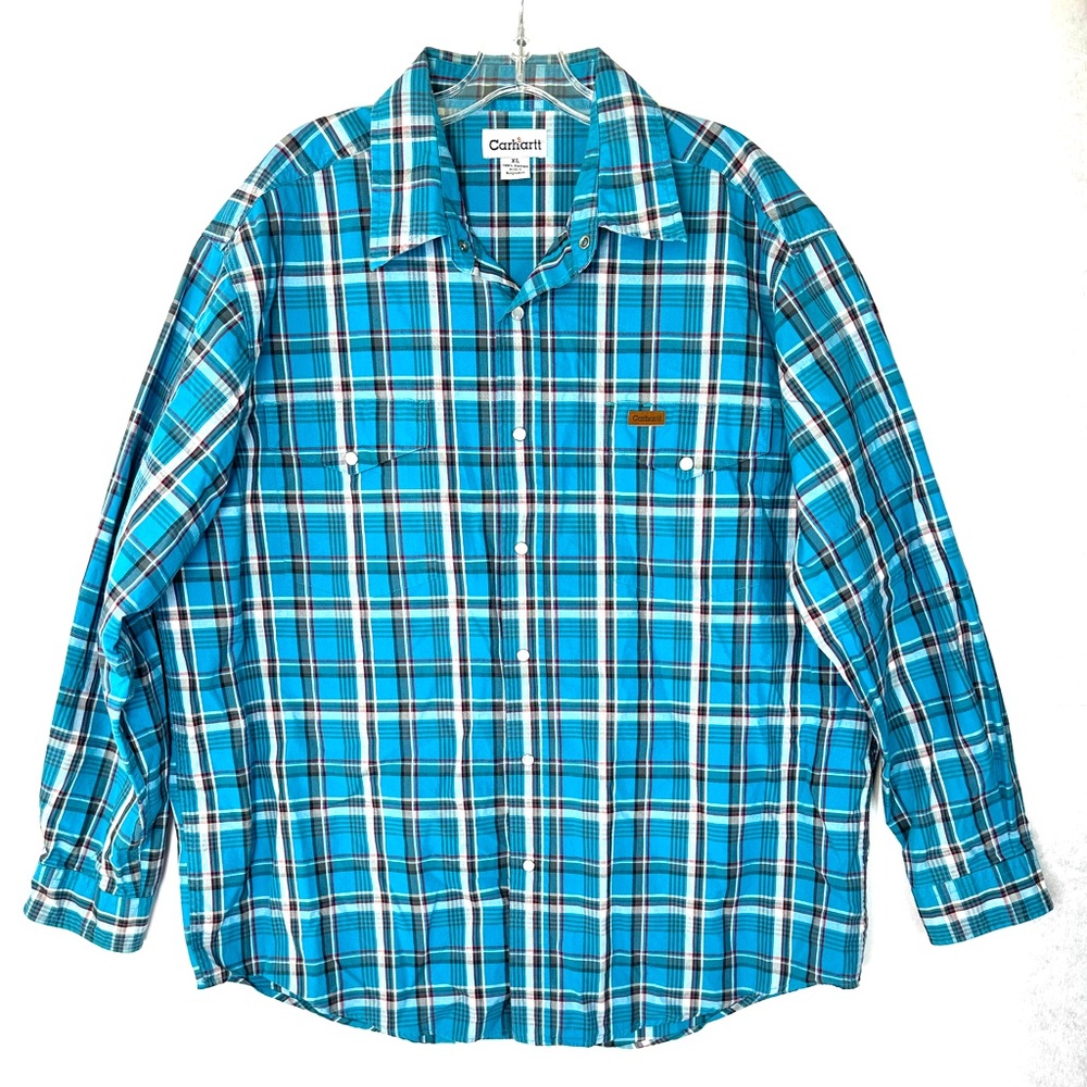 Carhartt Men Size XL Aqua Blue Plaid Button Down Cotton Shirt Long Sleeve